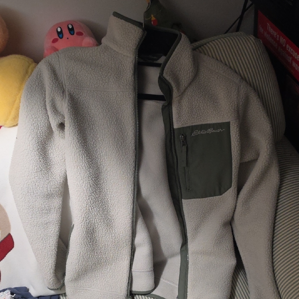 Eddie Bauer Cream Sherpa Jacket with Olive Chest Pocket